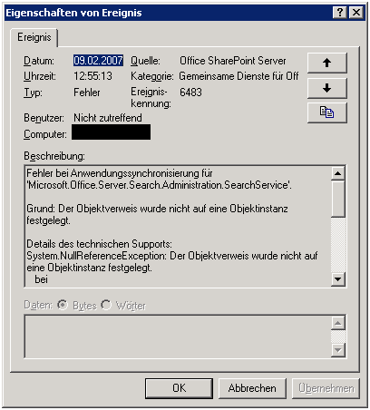 Quelle: Office SharePoint Server Kategorie: Gemeinsamte Dienste Ereigniskennung: 6483